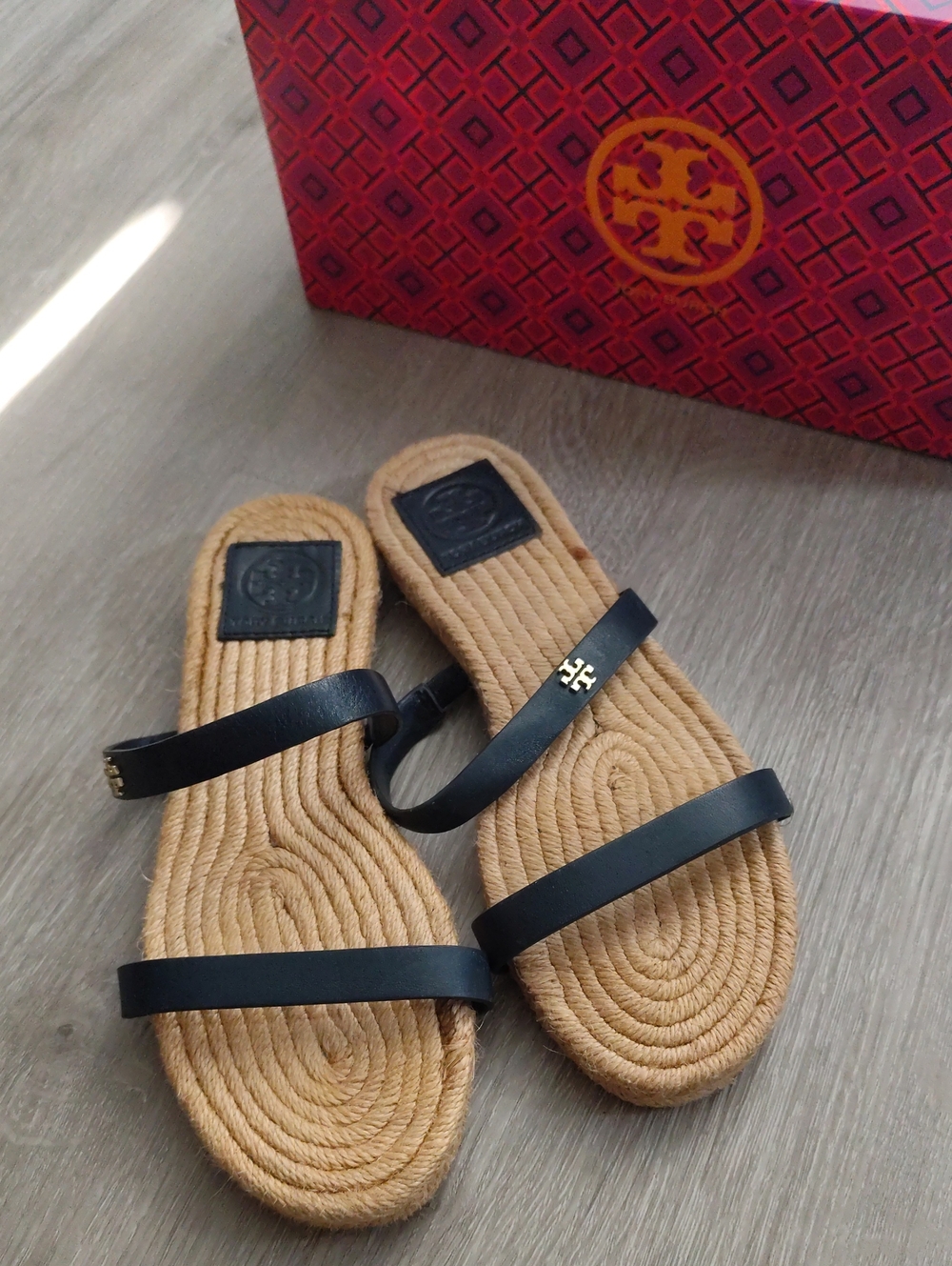 Tory Burch Black Leather Triple-Strap Slide Sandals with Rope Footbed